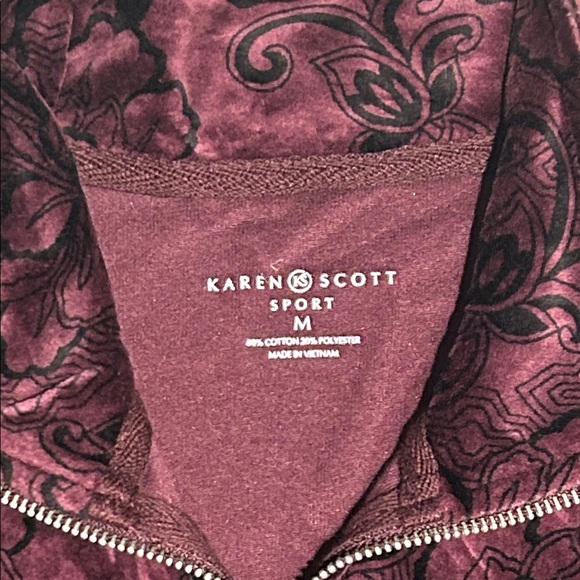 Karen Scott Floral Scroll-Print Velour Burgundy and Black Zip up jacket size M - Picture 2 of 6